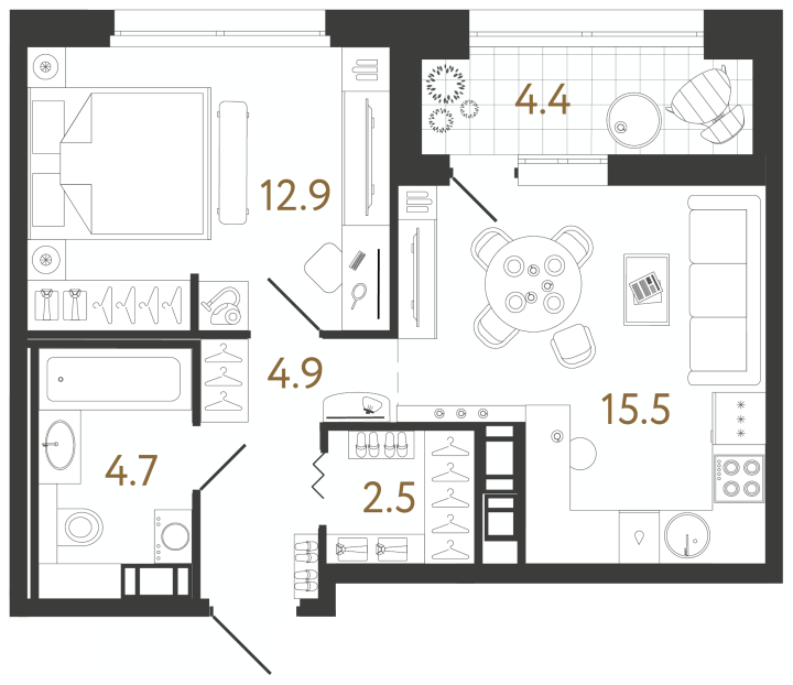 1-комнатная 40.5 м², 7 этаж, 14 075 678 руб.