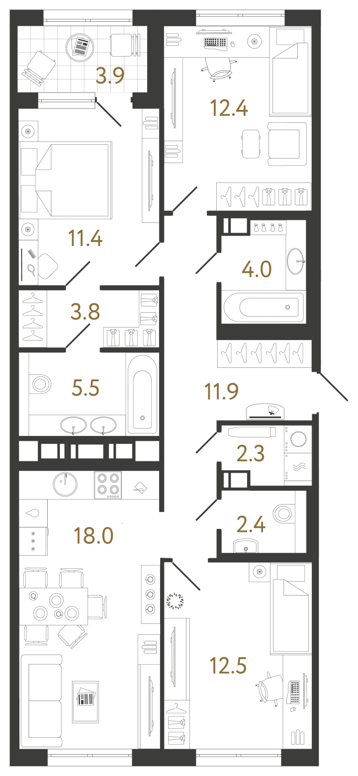 3-комнатная 84.2 м², 8 этаж, 22 228 926 руб.