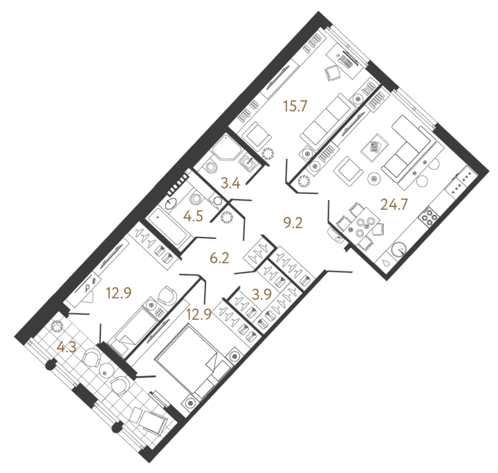 3-комнатная 93.4 м², 7 этаж, 42 383 702 руб.