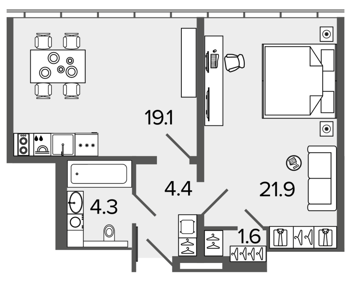 1-комнатная 49.9 м², 15 этаж, 15 390 000 руб.