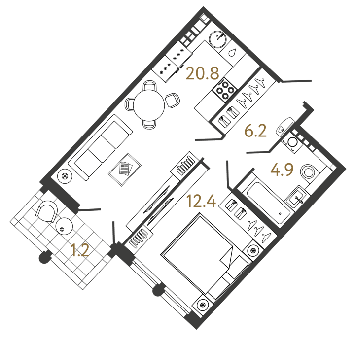 1-комнатная 44.3 м², 6 этаж, 22 863 531 руб.