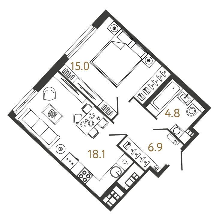 1-комнатная 44.8 м², 4 этаж, 22 901 796 руб.