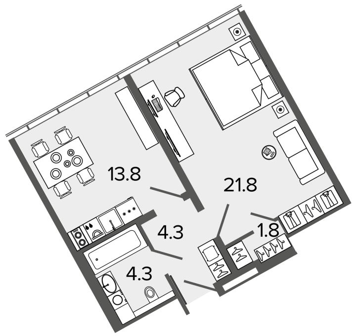1-комнатная 44.5 м², 15 этаж, 13 600 000 руб.