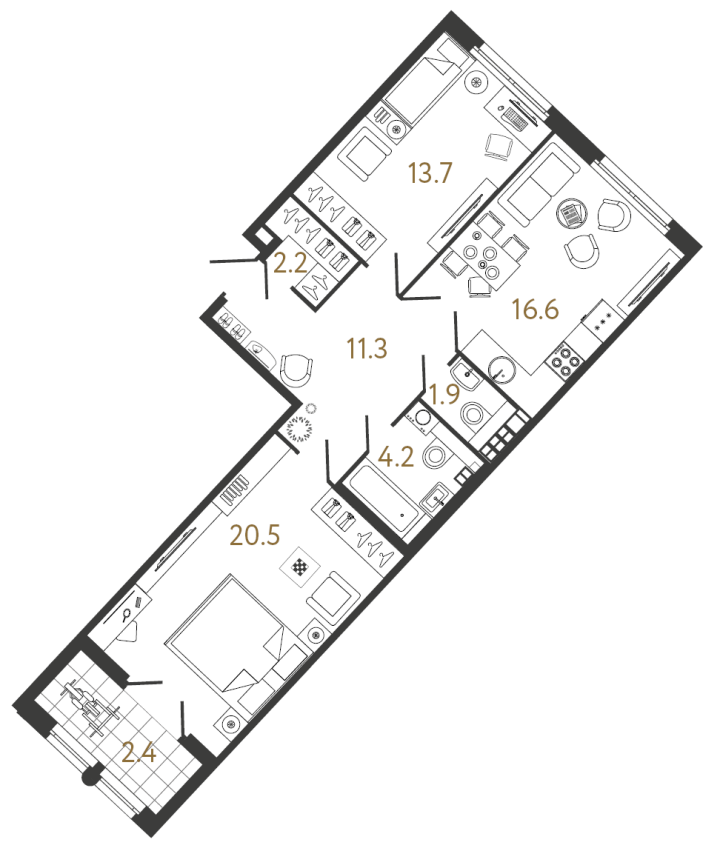 2-комнатная 70.4 м², 6 этаж, 29 952 119 руб.