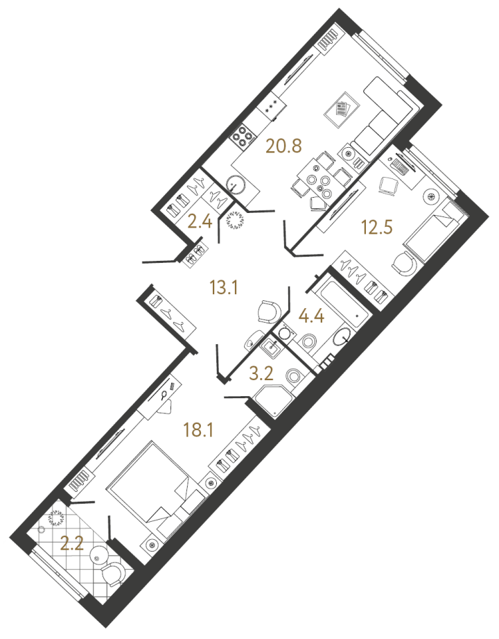 2-комнатная 74.5 м², 5 этаж, 32 355 761 руб.