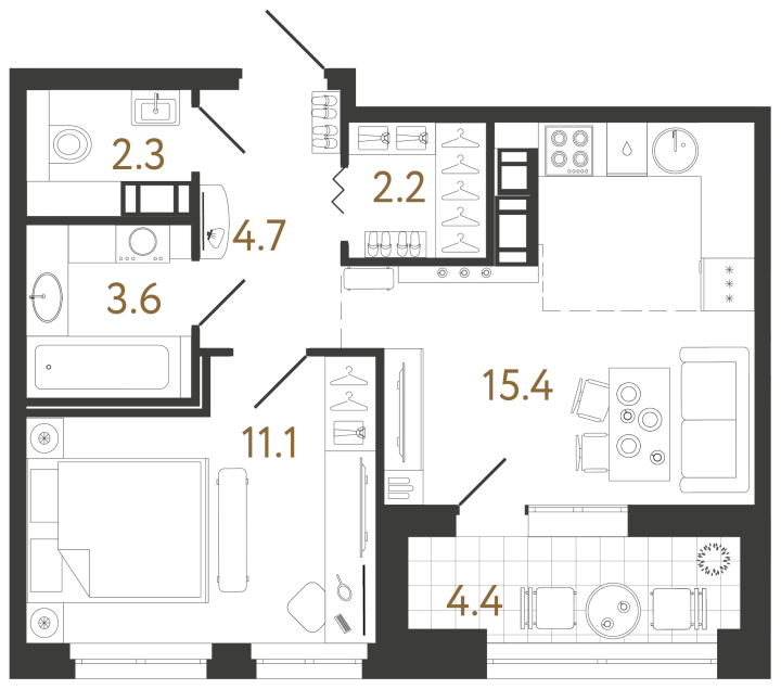 1-комнатная 39.3 м², 6 этаж, 14 297 332 руб.