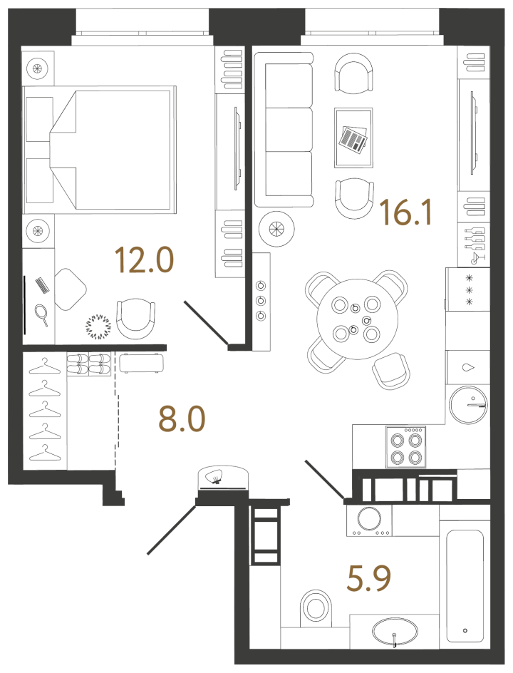 1-комнатная 42 м², 2 этаж, 12 800 000 руб.