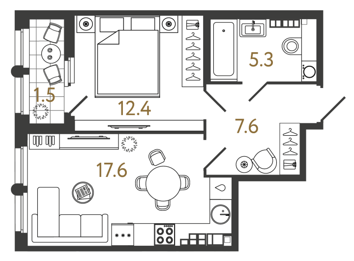 1-комнатная 42.9 м², 6 этаж, 21 917 339 руб.