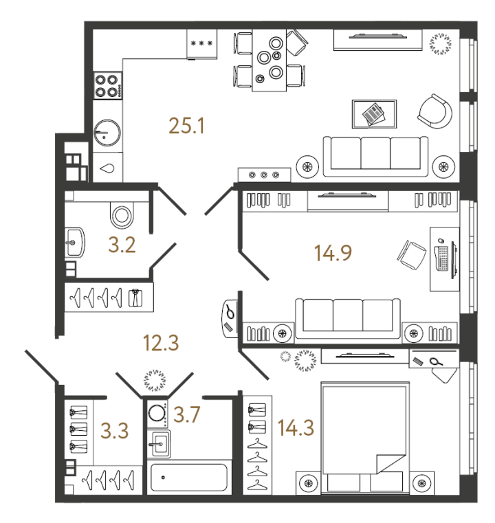 2-комнатная 76.8 м², 3 этаж, 31 483 668 руб.