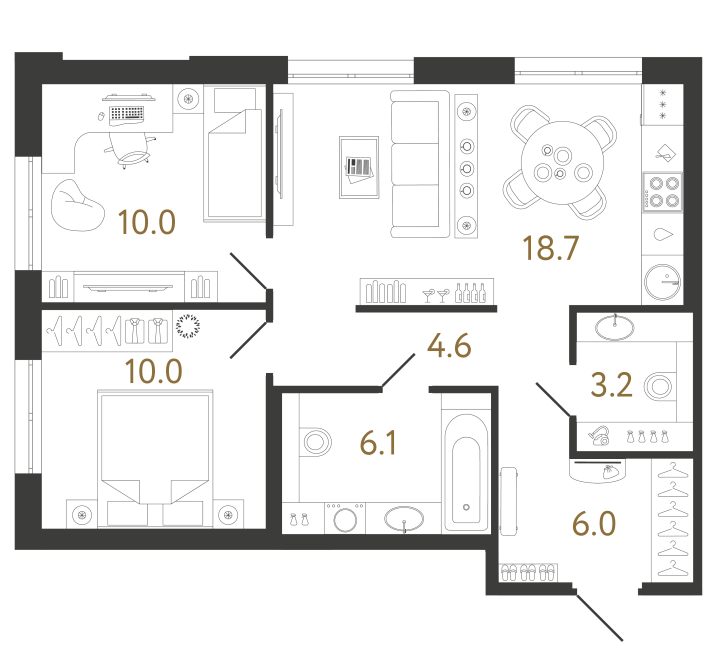 2-комнатная 58.6 м², 3 этаж, 15 155 947 руб.