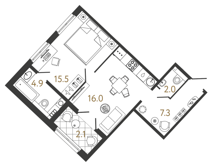 1-комнатная 45.7 м², 5 этаж, 22 908 763 руб.