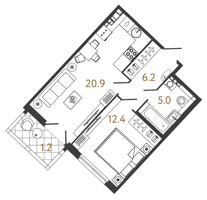 1-комнатная 44.5 м², 5 этаж, 22 615 057 руб.