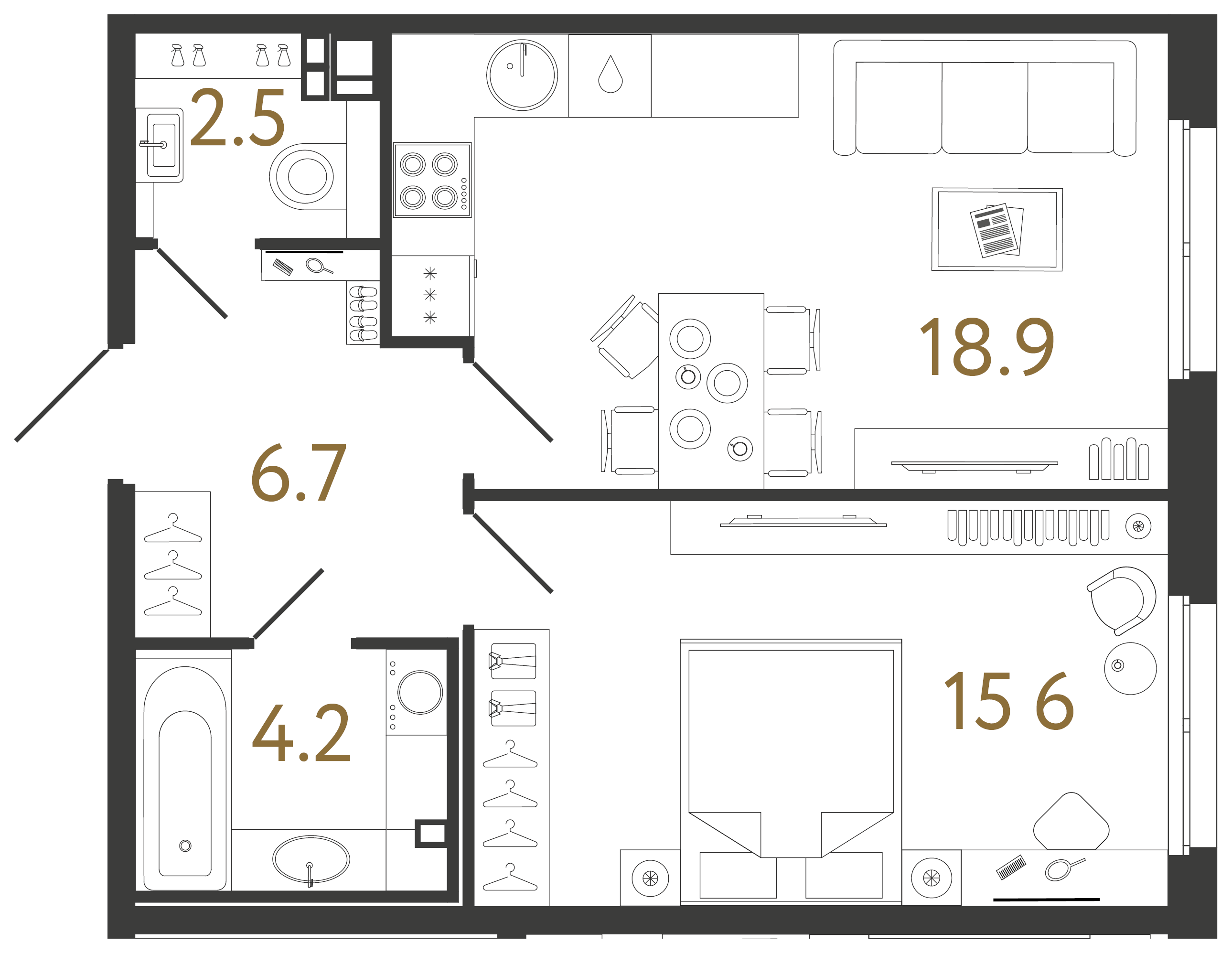Однокомнатная квартира 47.9 м²