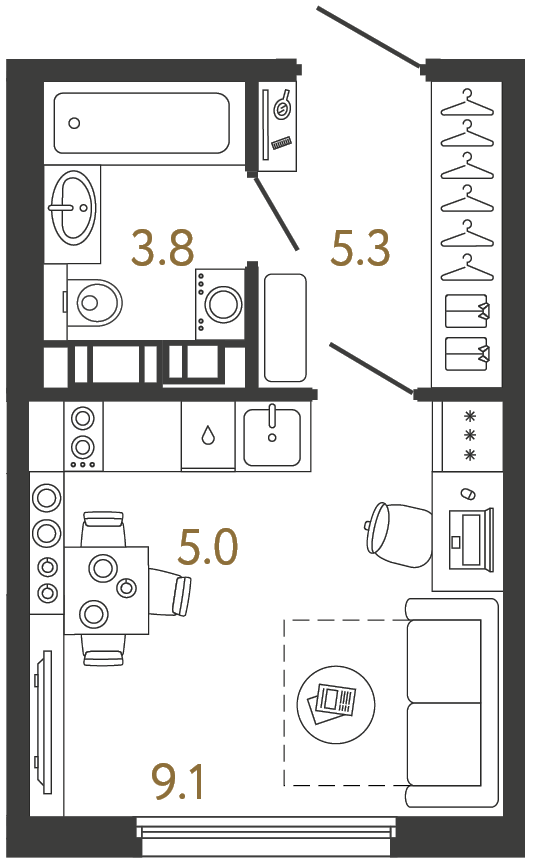 Студия 23.2 м², 3 этаж