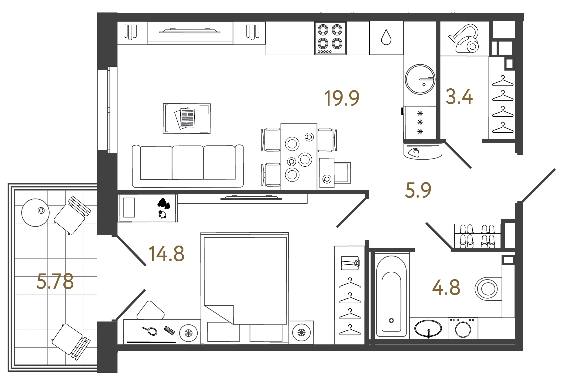 Однокомнатная лаунж-студия 54.7 м²