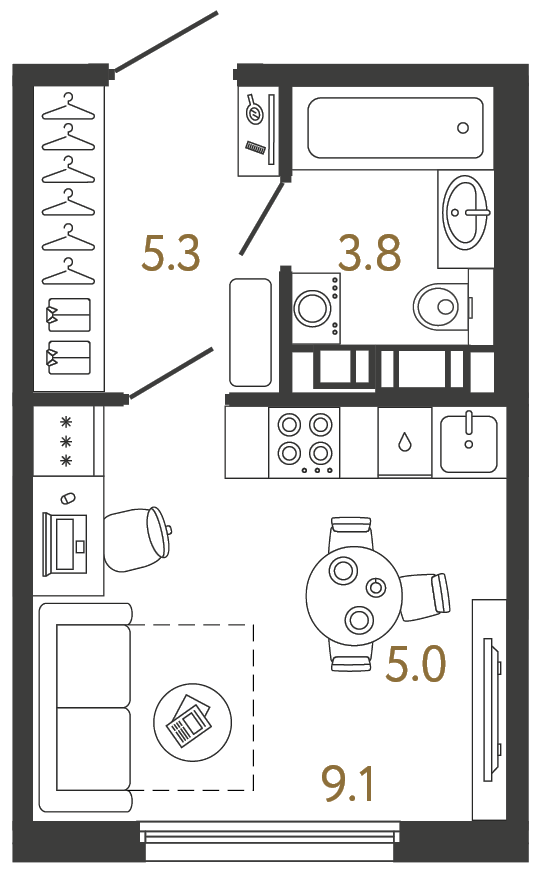 Студия 23.2 м², 3 этаж