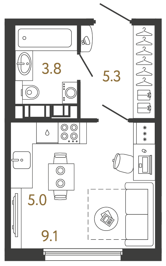 Студия 23.2 м², 7 этаж