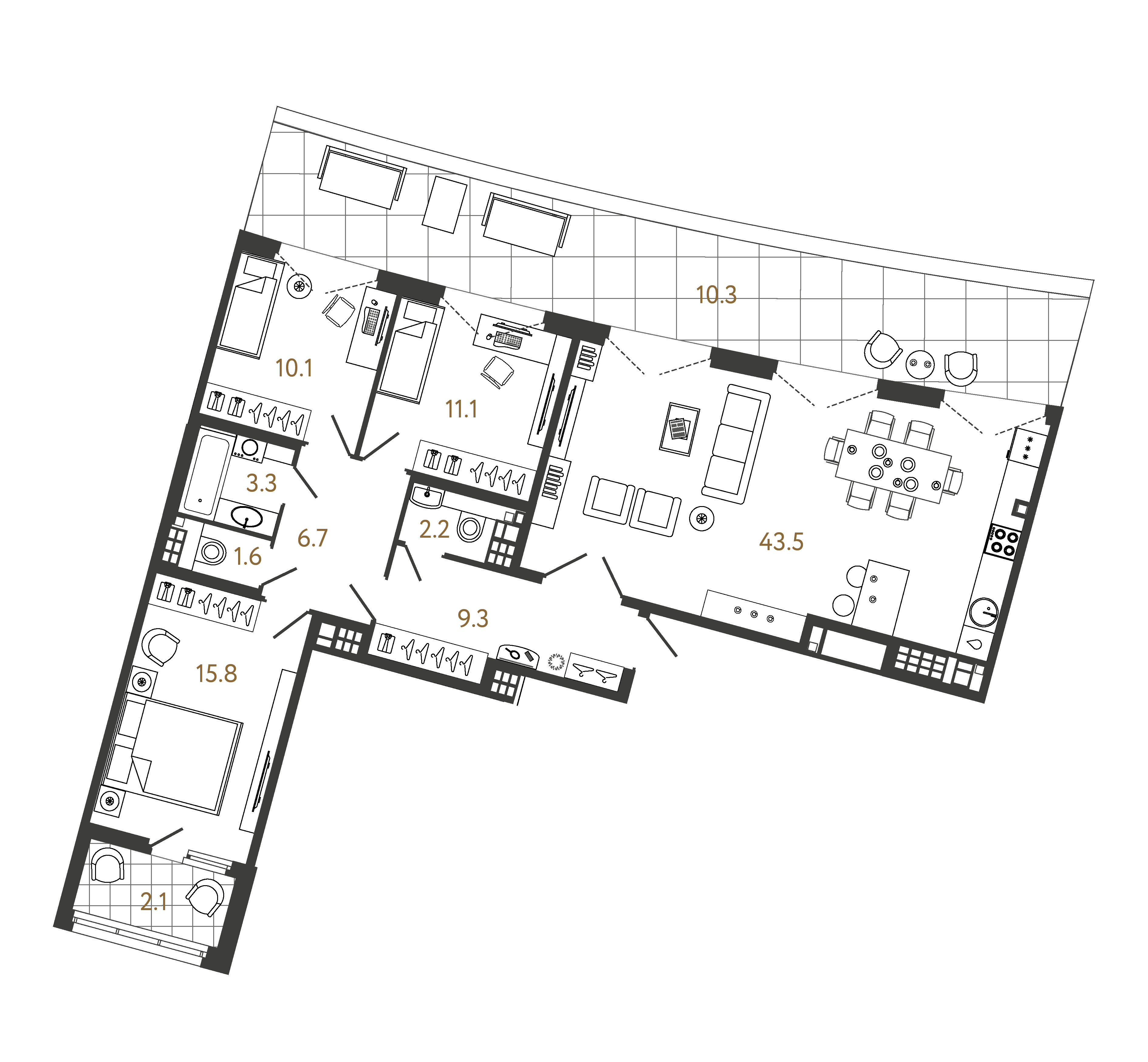 Трёхкомнатная квартира 103.6 м²