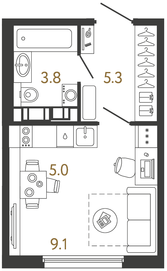Студия 23.2 м², 5 этаж