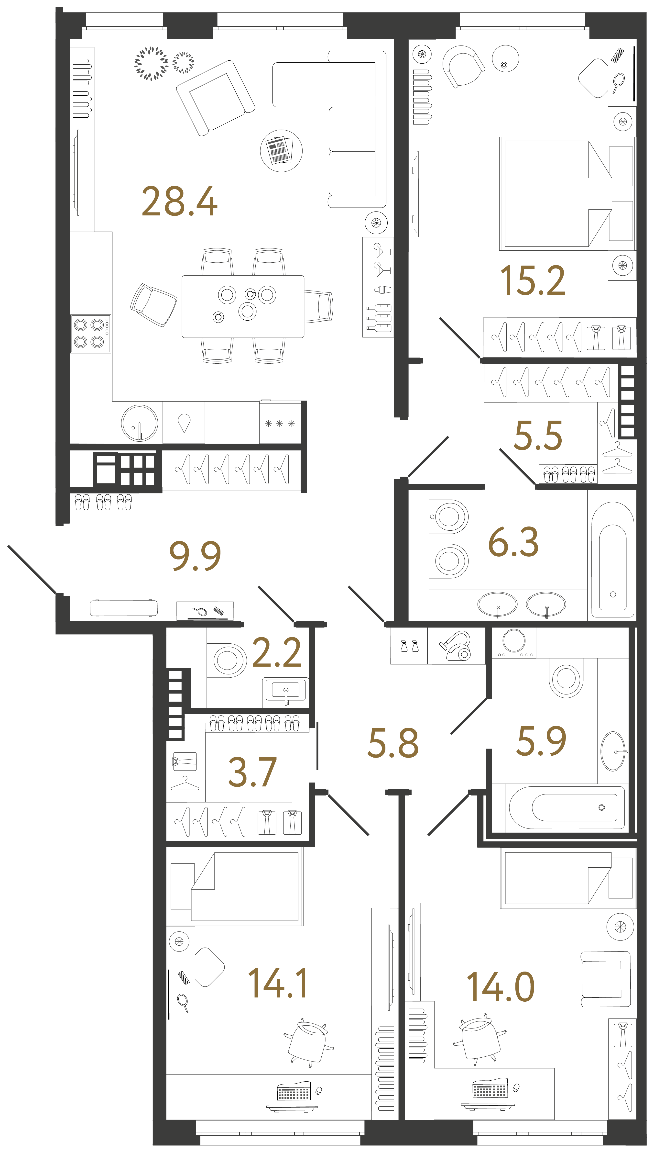 Трёхкомнатная квартира 111 м²