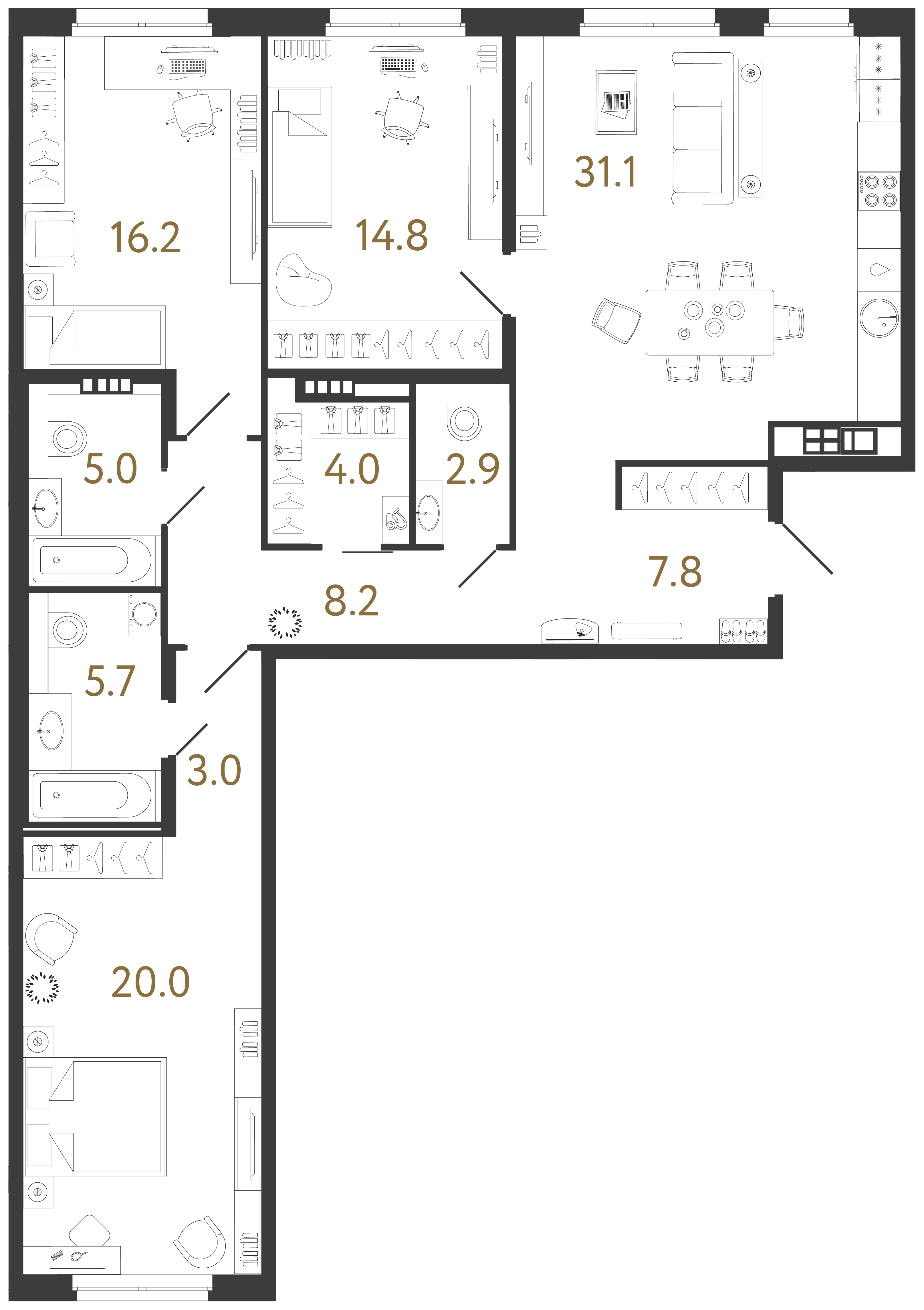 Трёхкомнатная квартира 118.7 м²