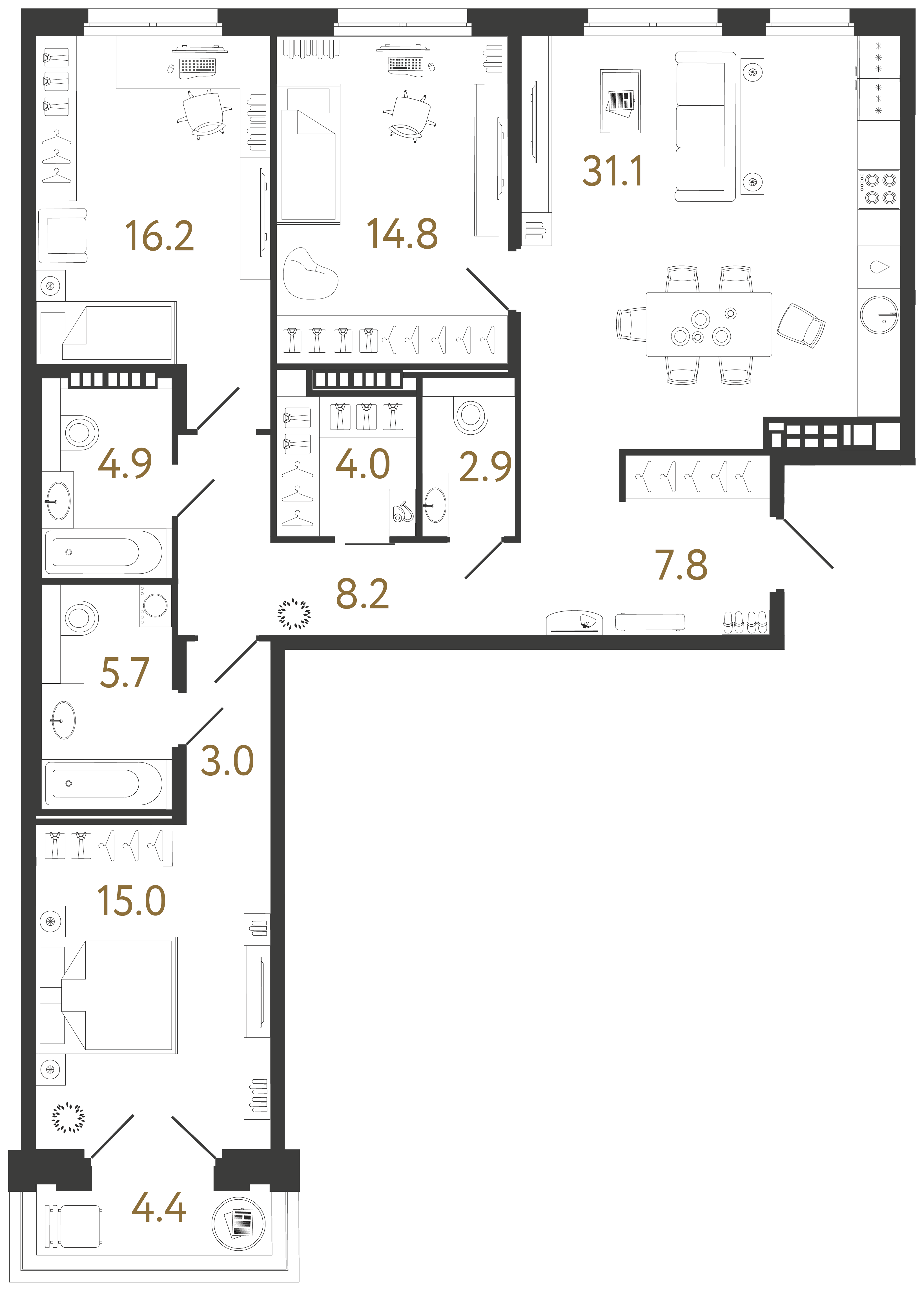Трёхкомнатная квартира 113.6 м²