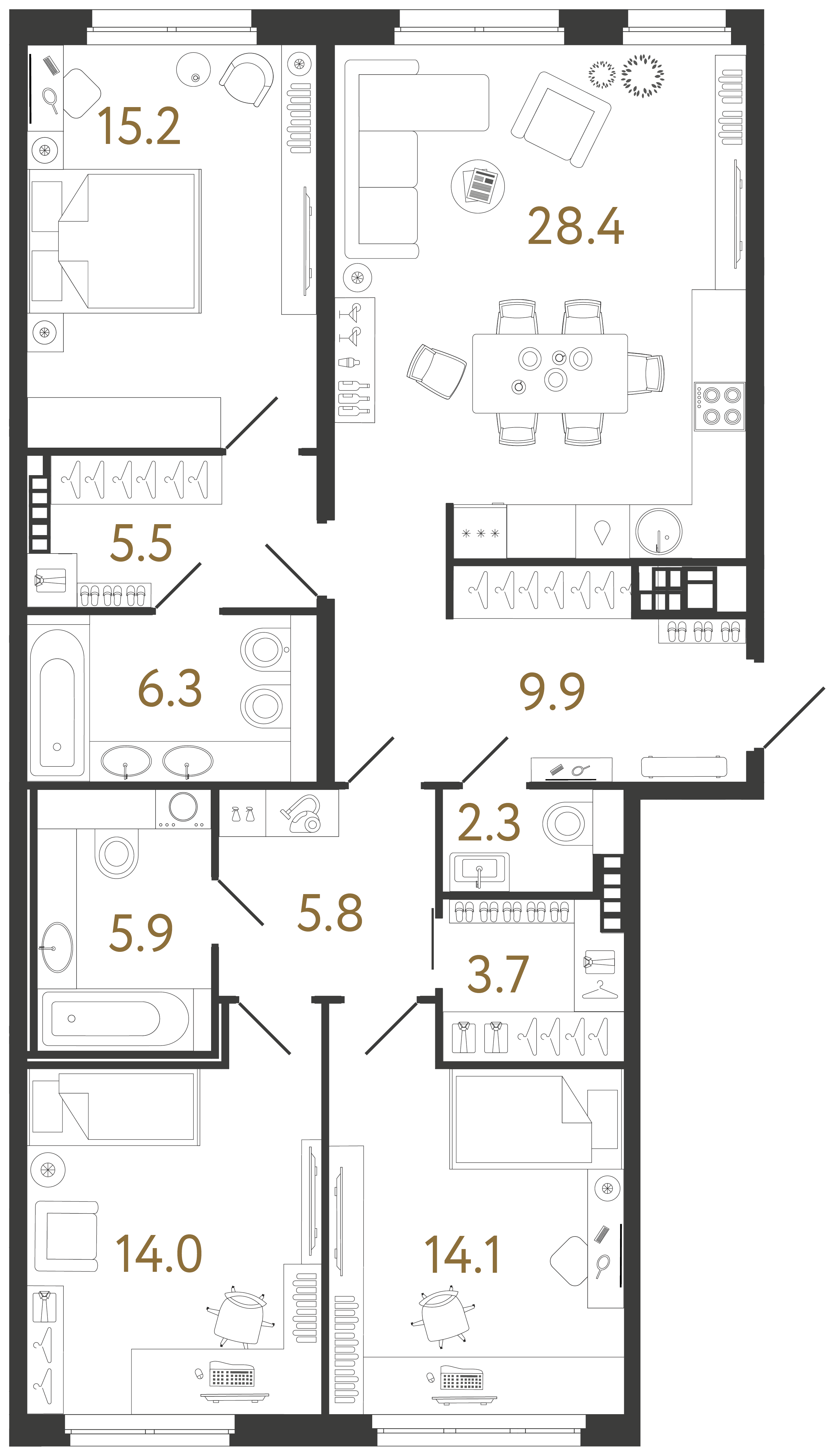 Трёхкомнатная квартира 111.1 м²