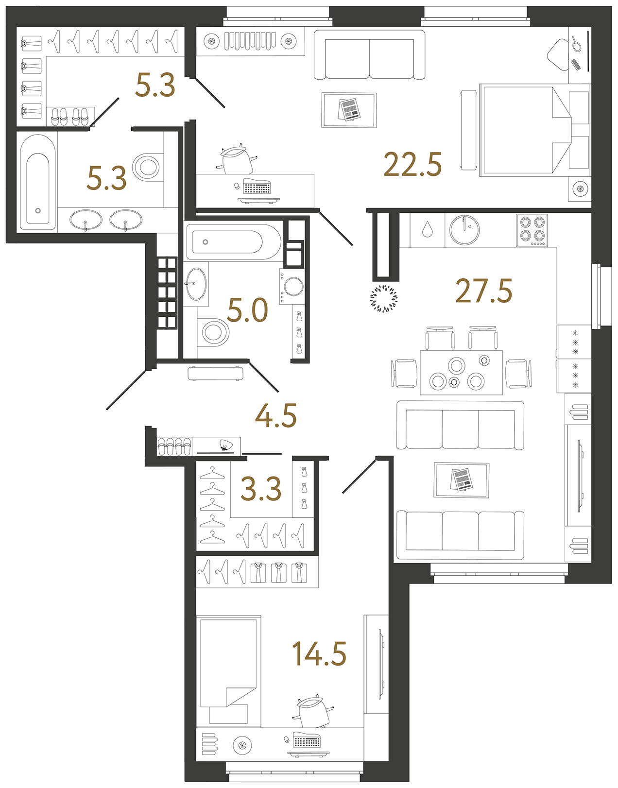 Двухкомнатная квартира 87.9 м²