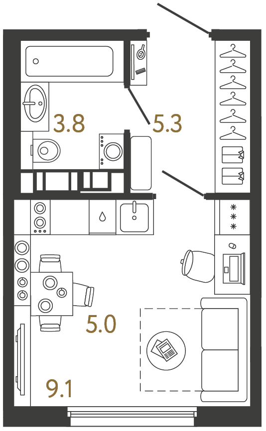 Студия 23.2 м², 3 этаж