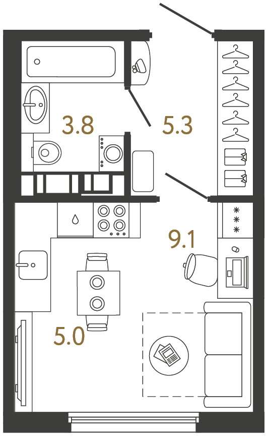 Студия 23.2 м², 3 этаж
