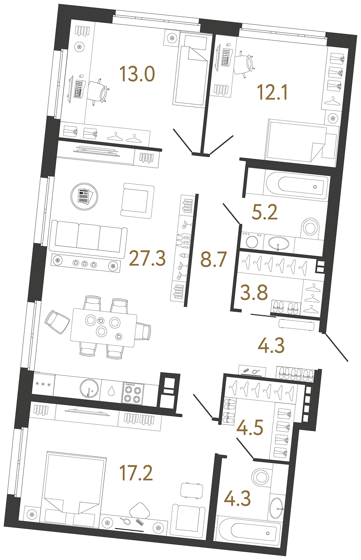Трёхкомнатная квартира 100.4 м²