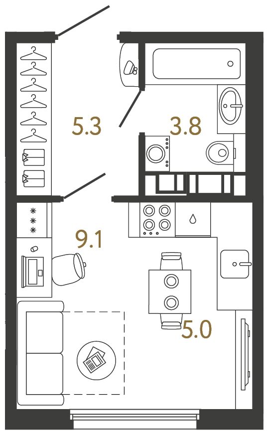 Студия 23.2 м², 3 этаж