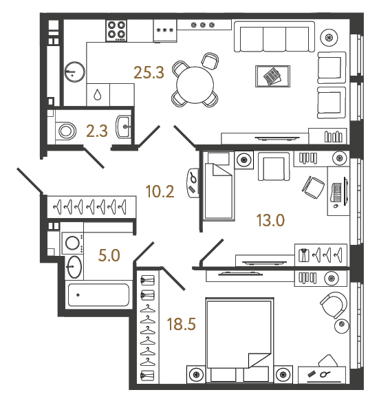 2-комнатная 74.3 м², 3 этаж, 32 774 318 руб.