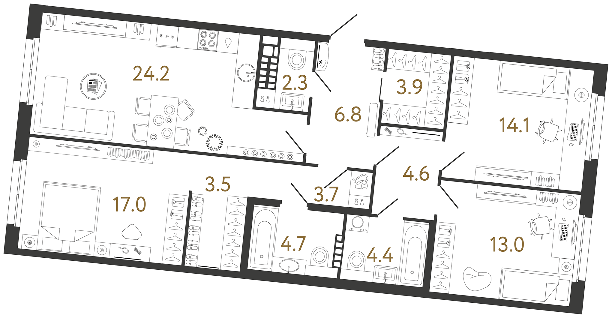 Трёхкомнатная квартира 102.2 м²