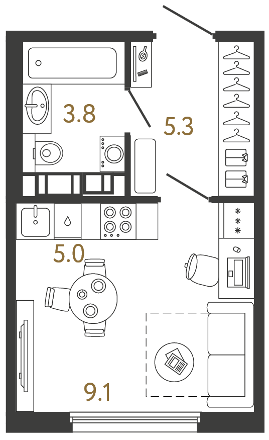 Студия 23.2 м², 8 этаж
