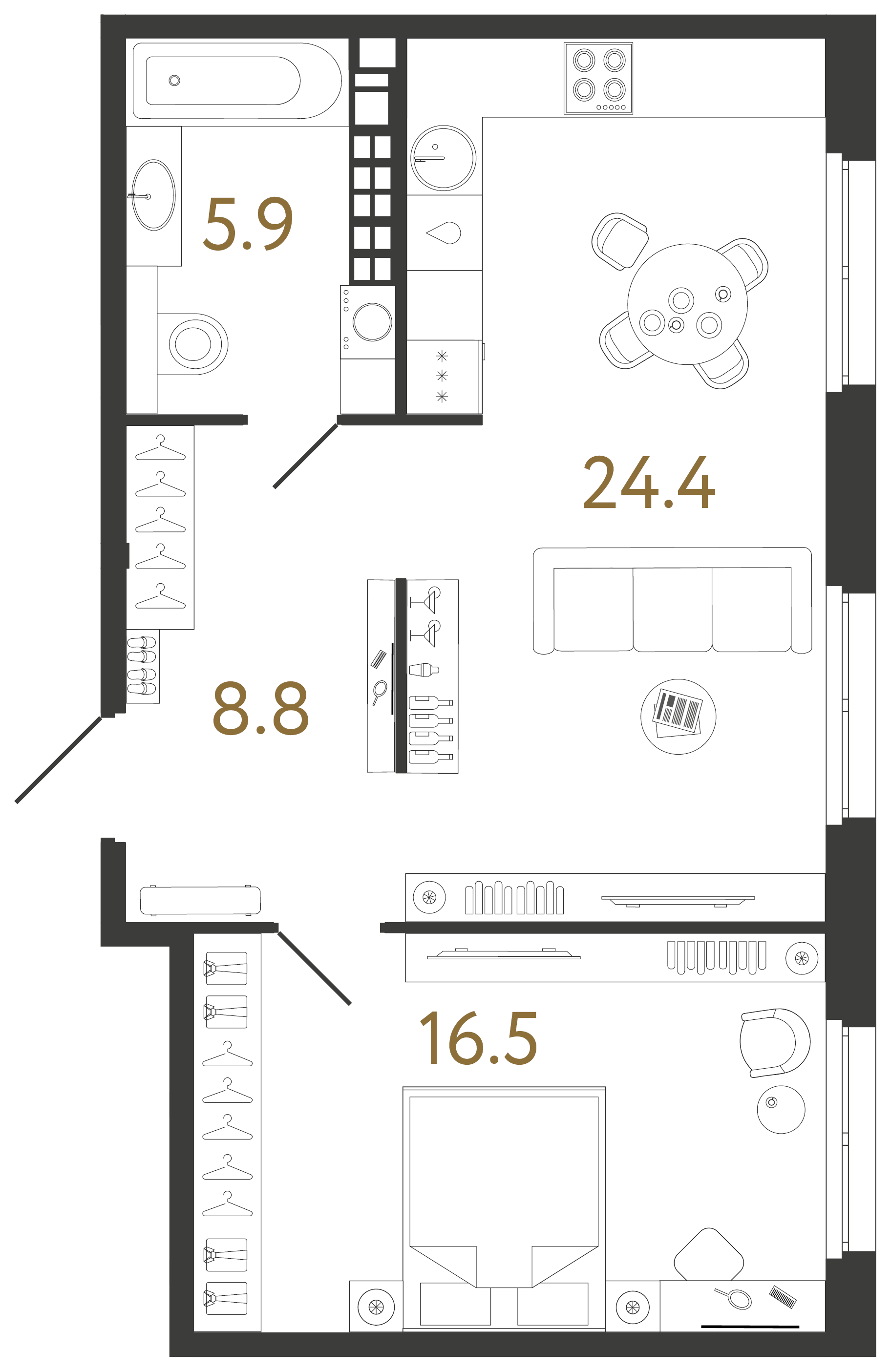 Однокомнатная квартира 55.6 м²