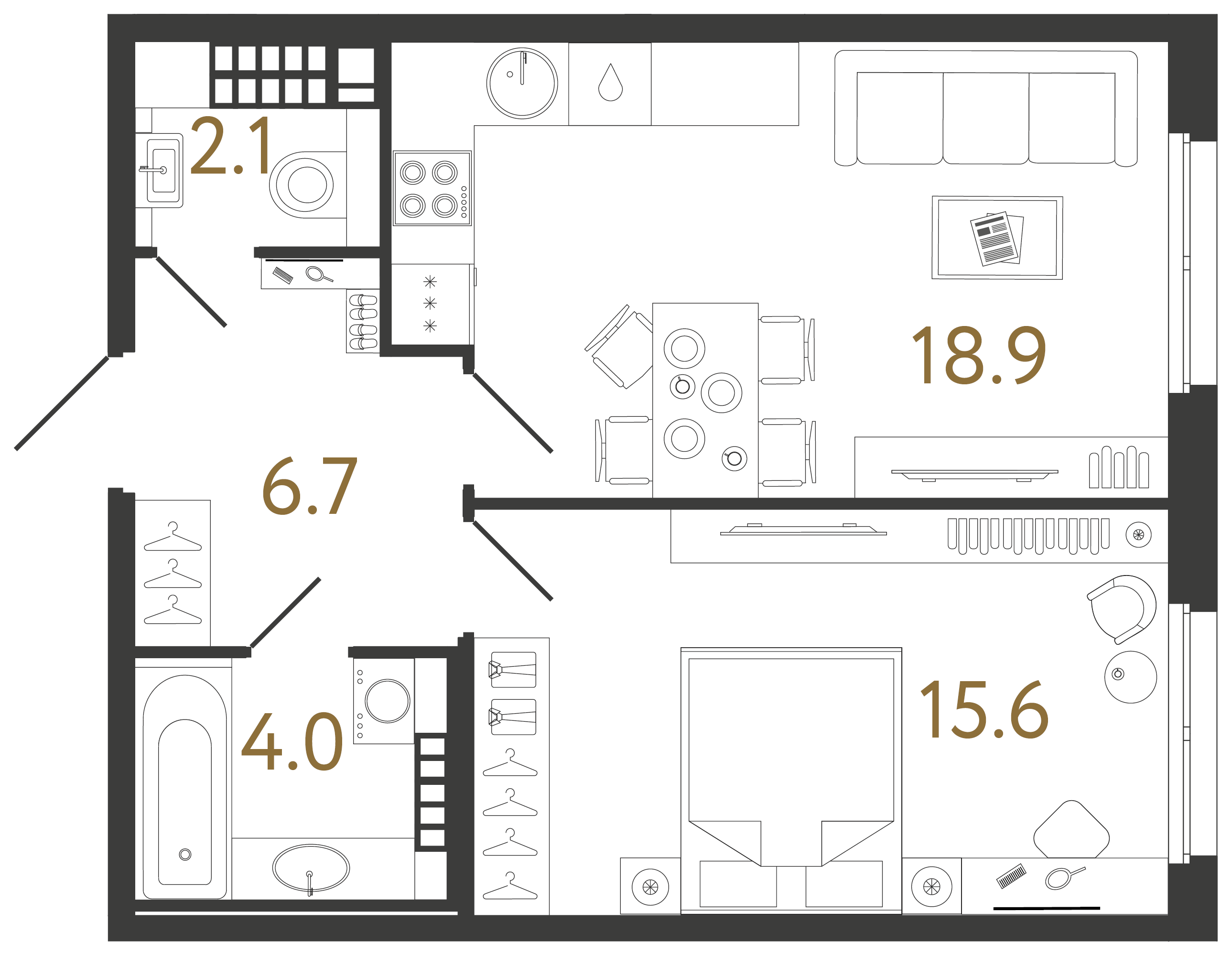 Однокомнатная квартира 47.3 м²