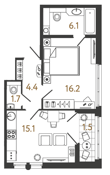 1-комнатная 43.5 м², 7 этаж, 23 187 804 руб.