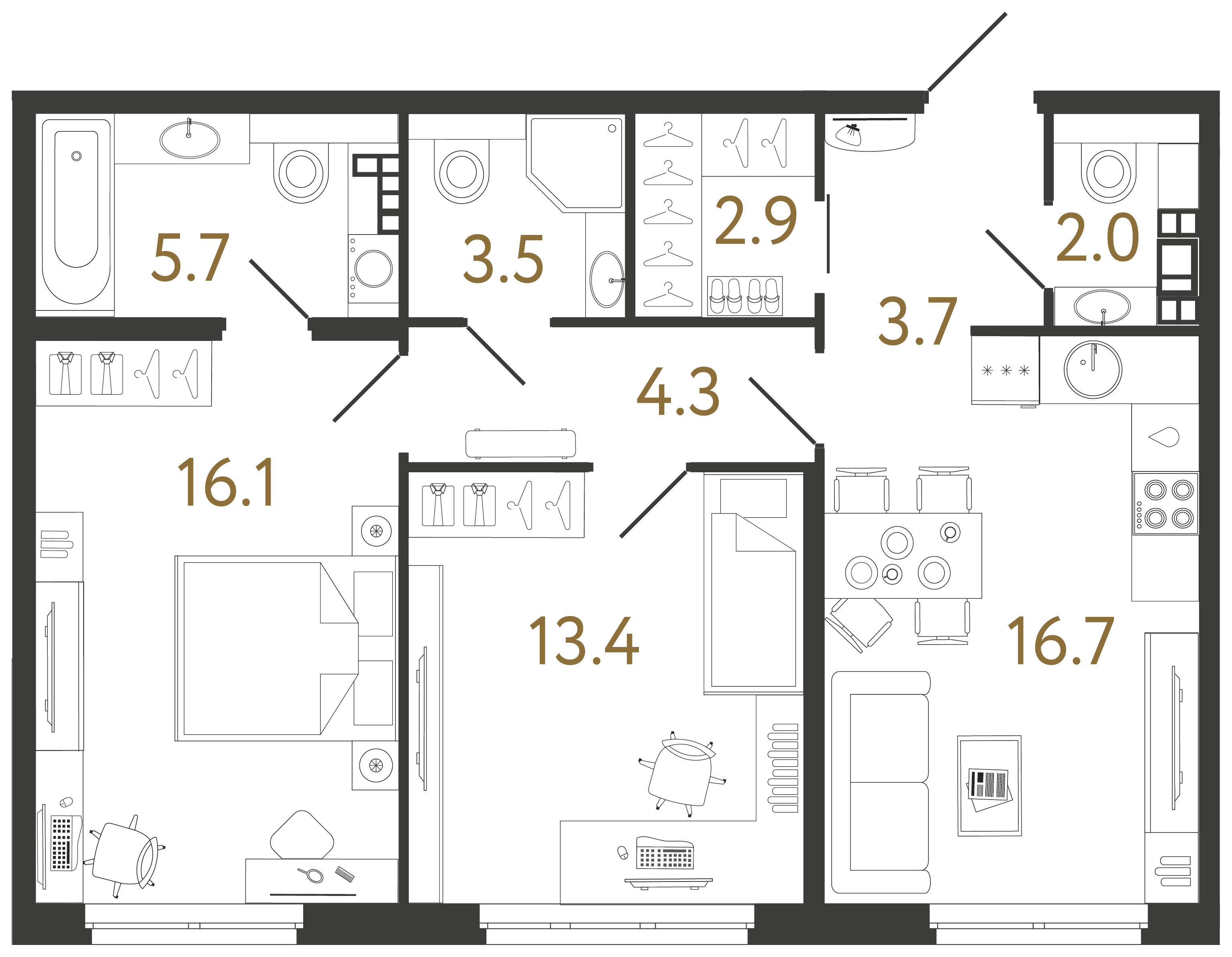 Двухкомнатная квартира 68.3 м²