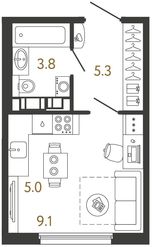 Студия 23.2 м², 2 этаж