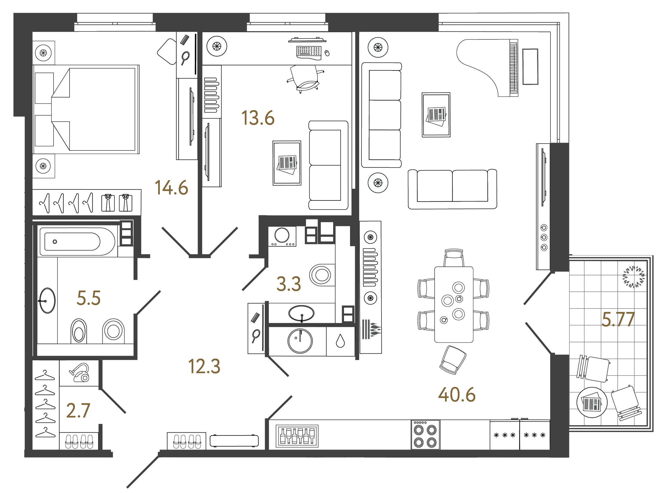 Двухкомнатная лаунж-студия 98.3 м²