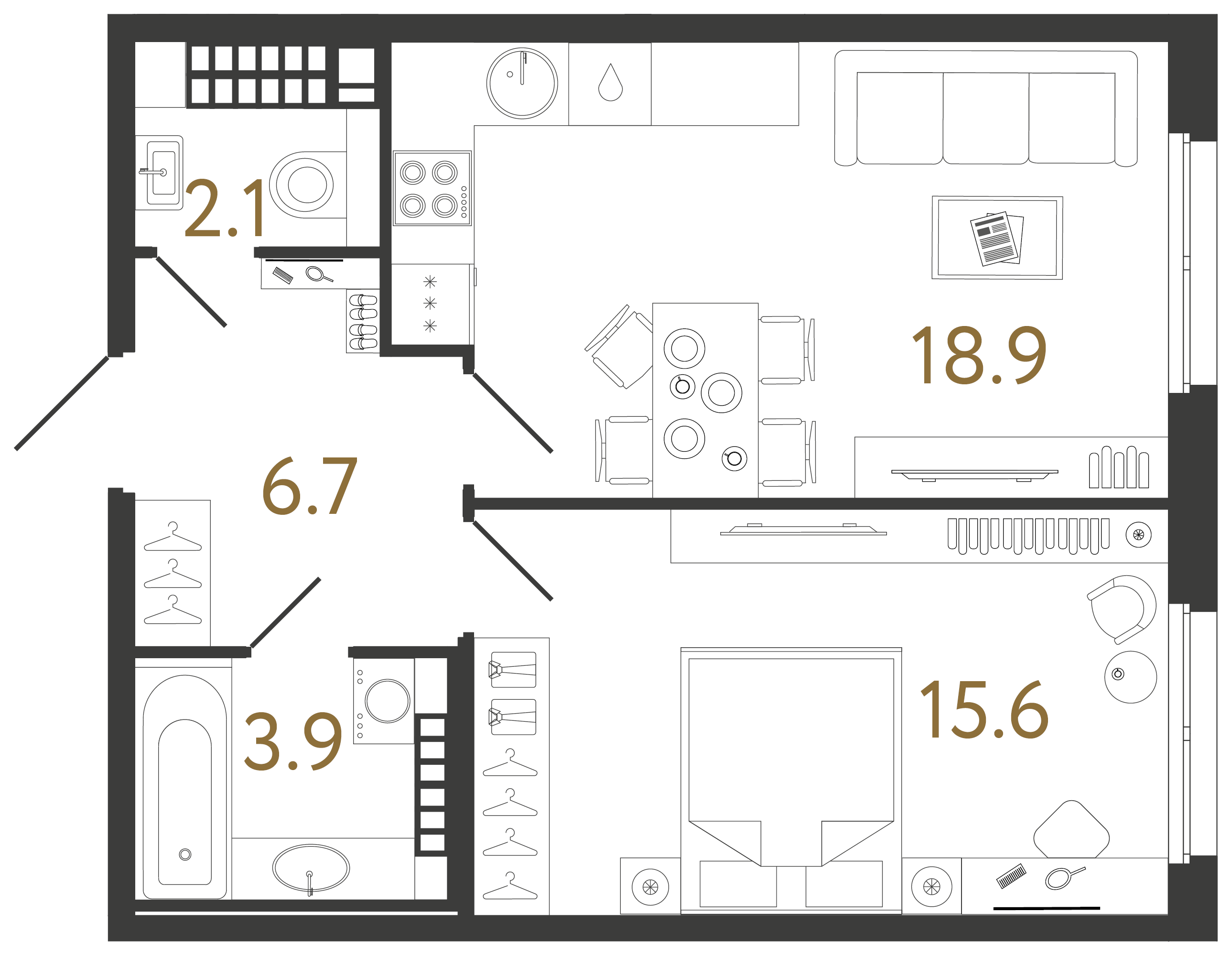 Однокомнатная квартира 47.2 м²
