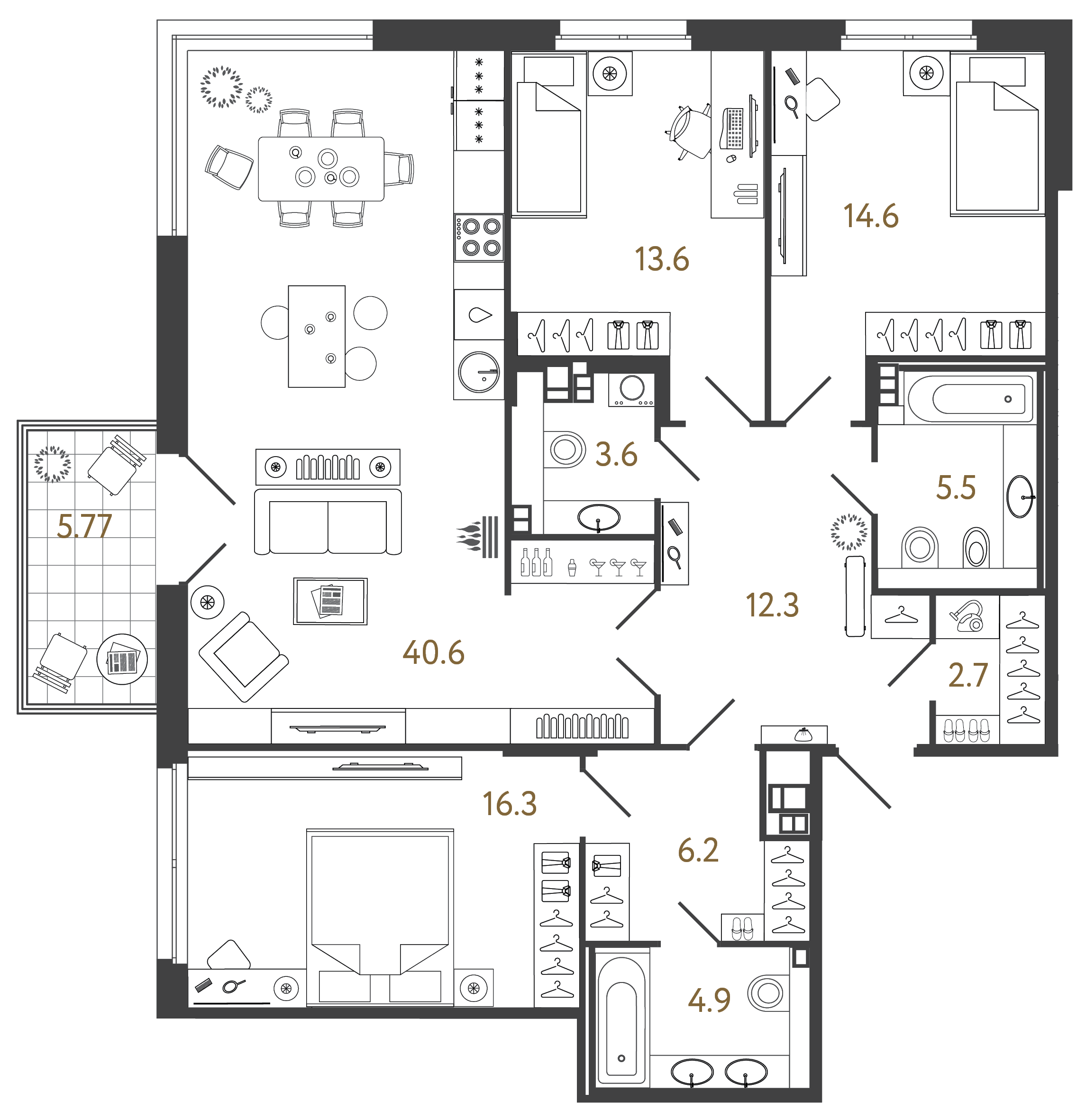 Трёхкомнатная лаунж-студия 126.1 м²