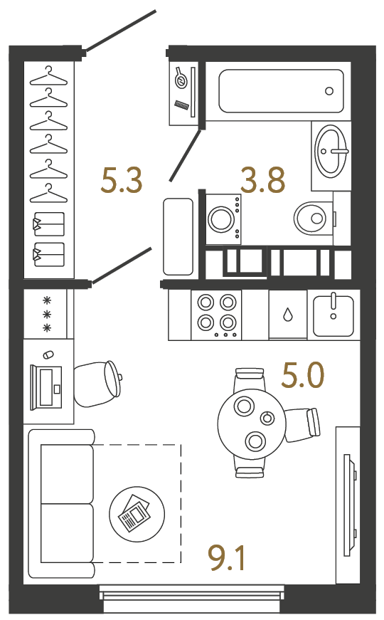 Студия 23.2 м², 5 этаж