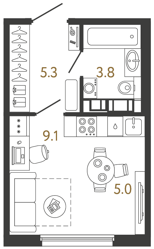 Студия 23.2 м², 3 этаж