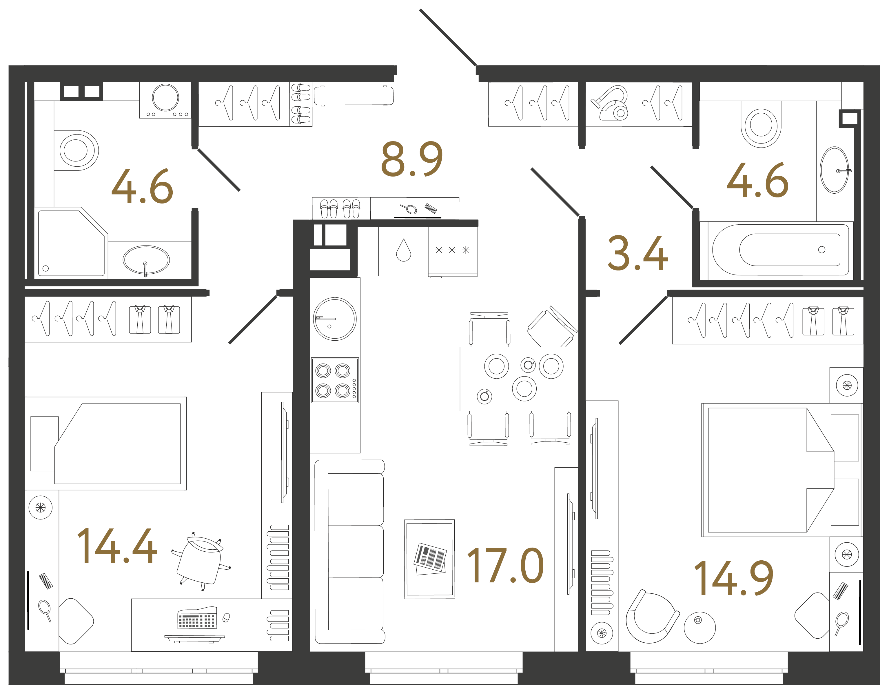 Двухкомнатная квартира 67.8 м²