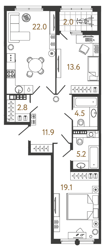 2-комнатная 79.1 м², 7 этаж, 35 085 077 руб.