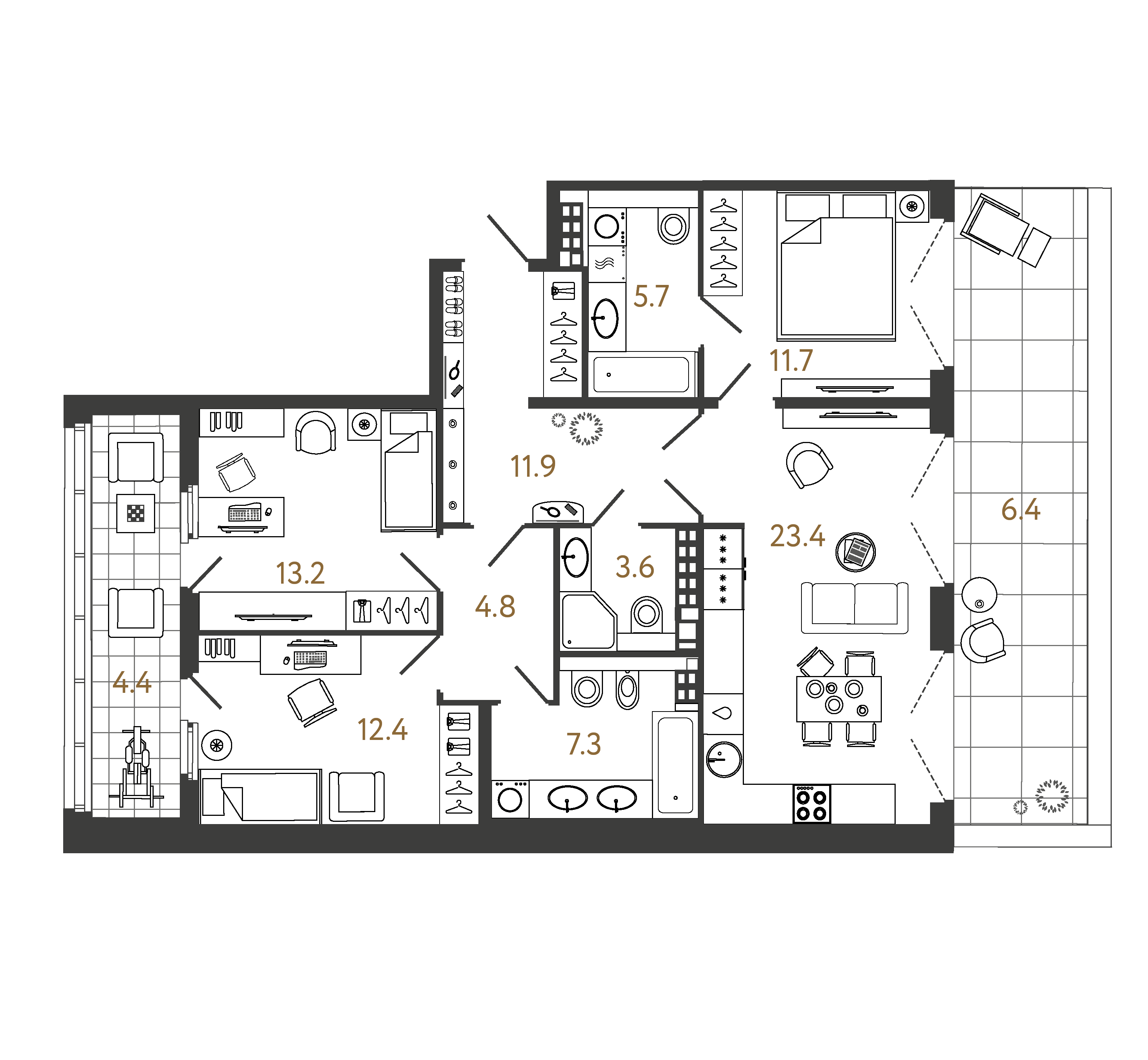 Трёхкомнатная квартира 94 м²