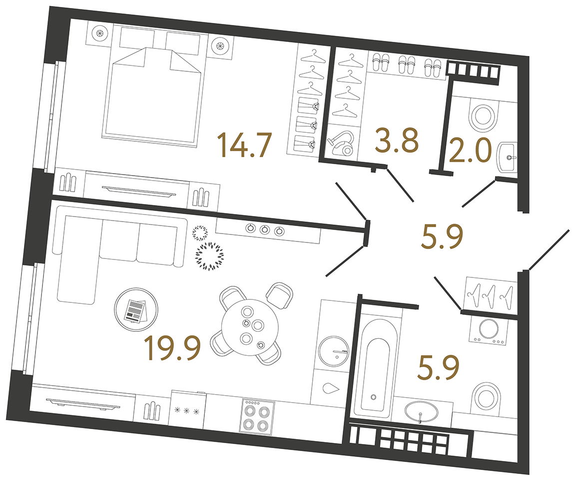 Однокомнатная квартира 52.2 м²