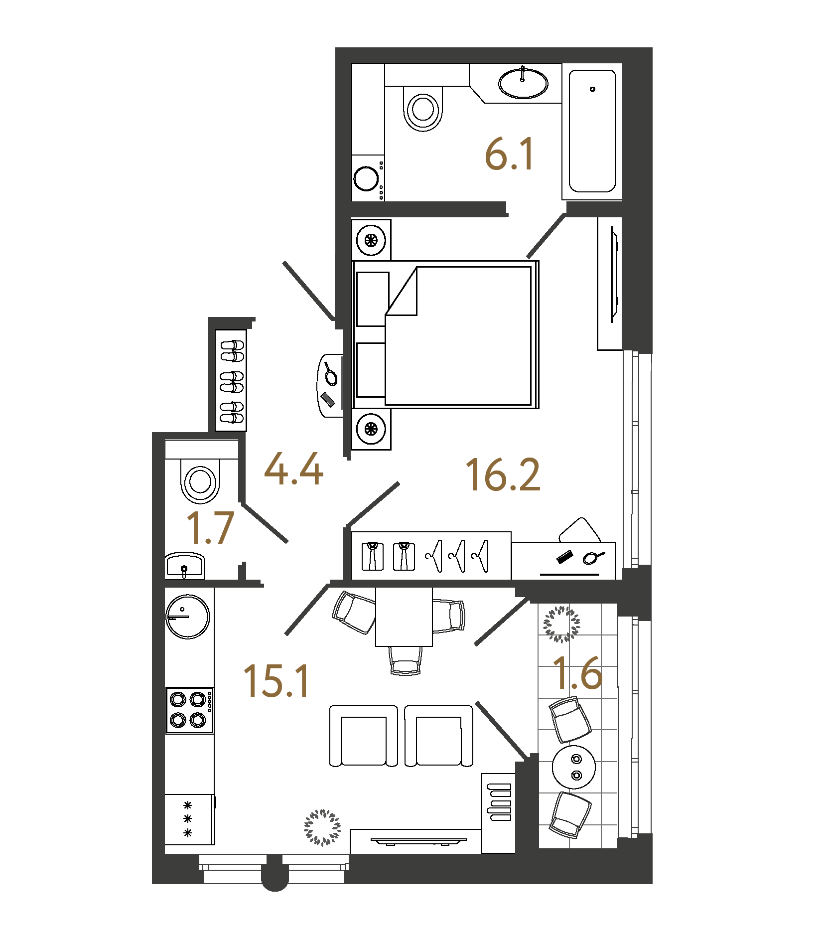 Однокомнатная квартира 43.5 м²